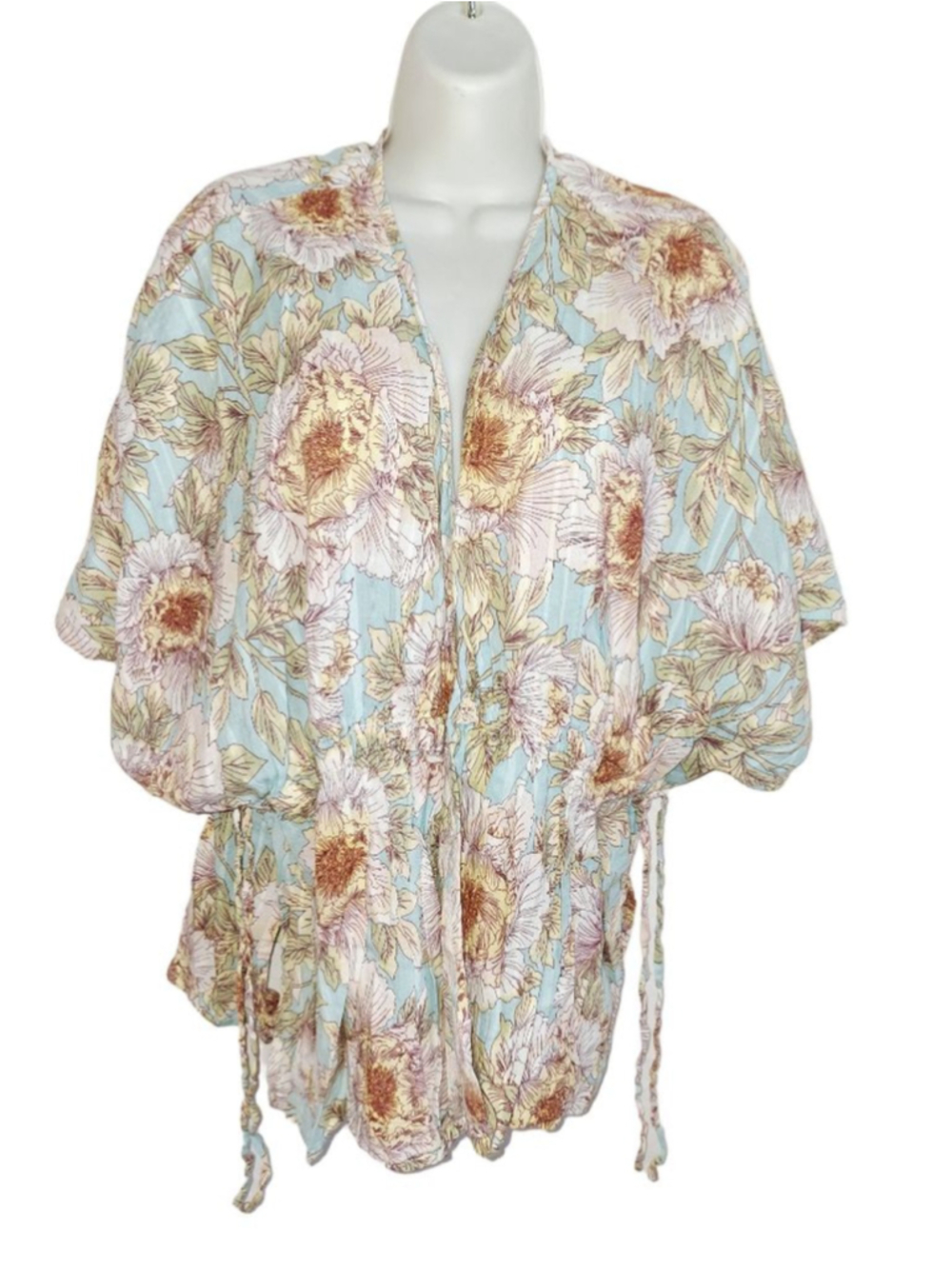 Haute Hippie Tribe open Blouse S Blue White Floral drawstring waist